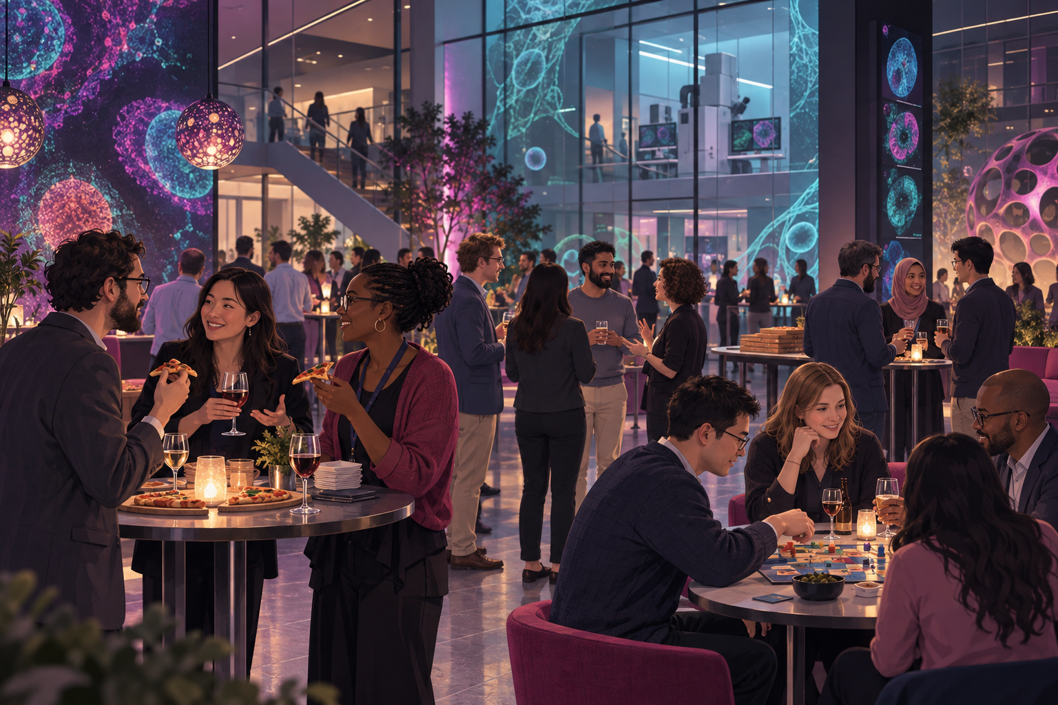 Scientists enjoying pizza, drinks and games together in a modern imaging centre foyer